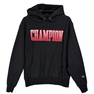 Champion Reverse Weave Hoodie Size M Black Red Retro Chenille Logo Heavyweight